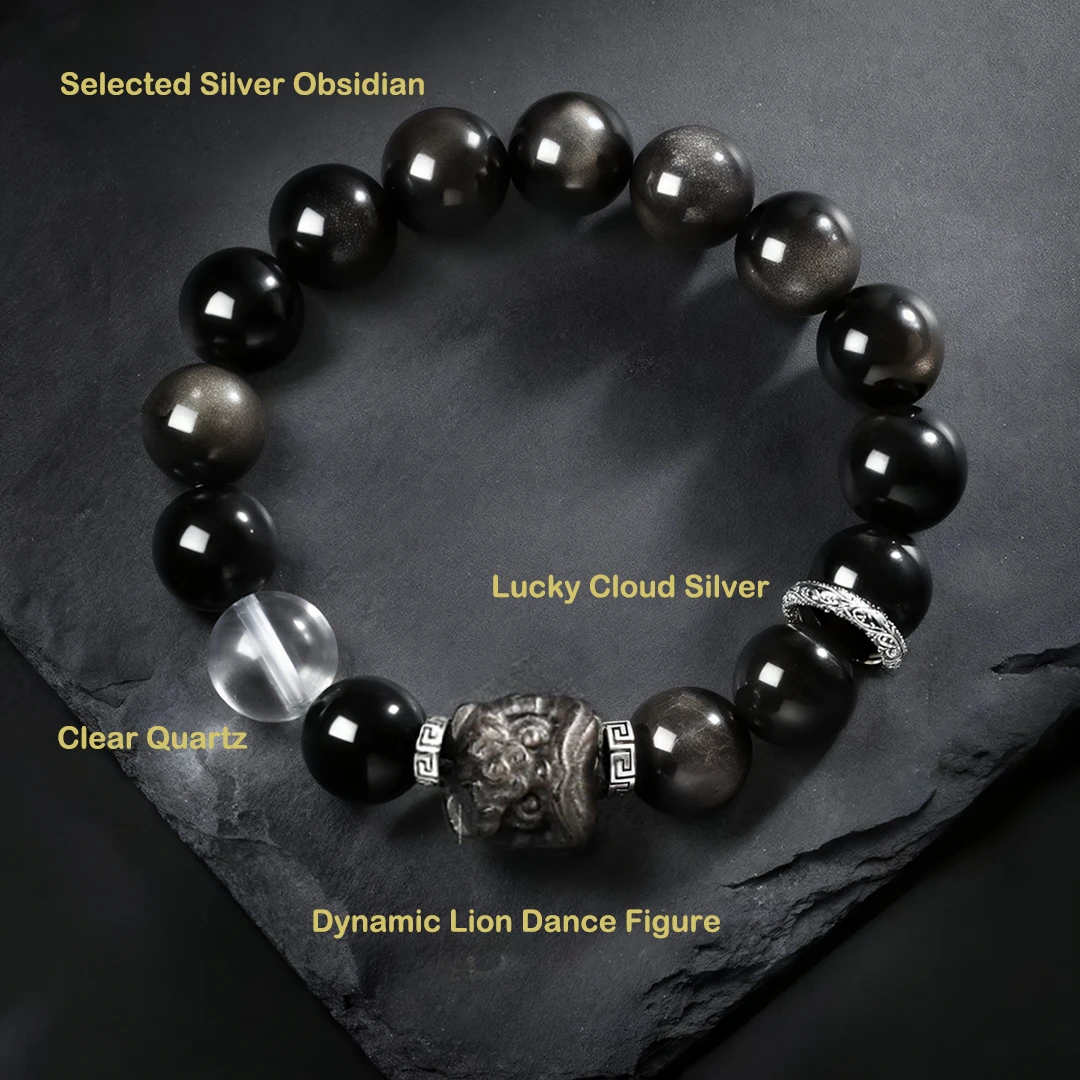 Couple Guardian Bracelet – Obsidian & Cat’s Eye with Lion Beads