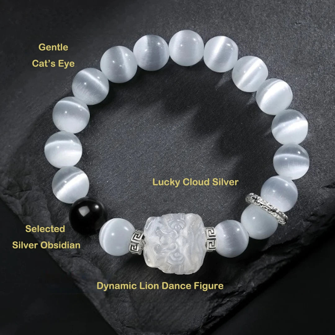 Couple Guardian Bracelet – Obsidian & Cat’s Eye with Lion Beads
