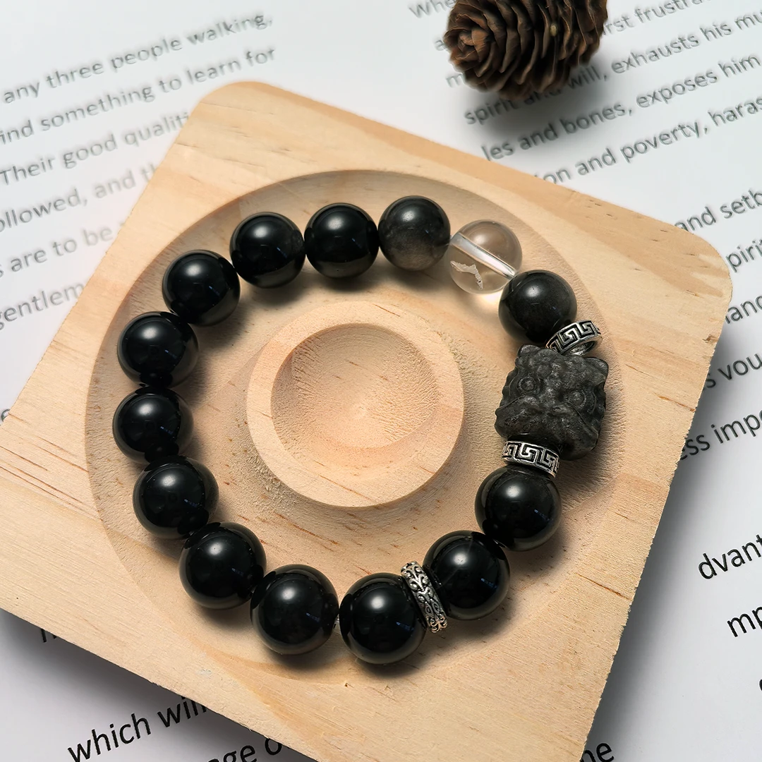 Couple Guardian Bracelet – Obsidian & Cat’s Eye with Lion Beads