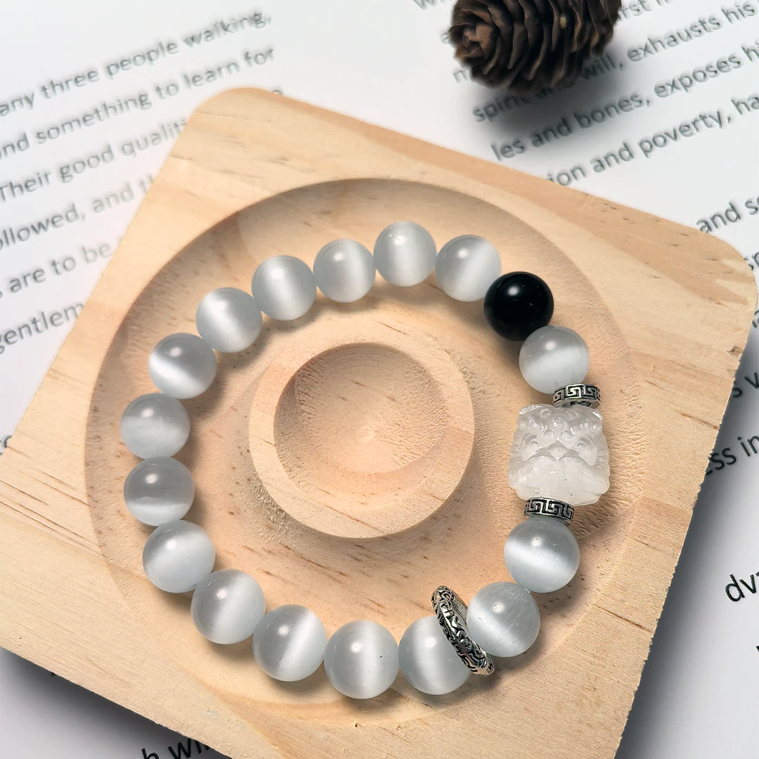 Couple Guardian Bracelet – Obsidian & Cat’s Eye with Lion Beads