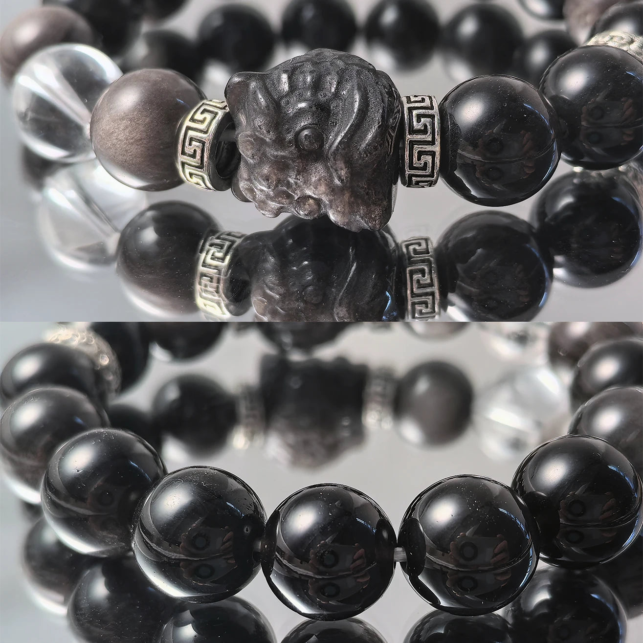 Couple Guardian Bracelet – Obsidian & Cat’s Eye with Lion Beads