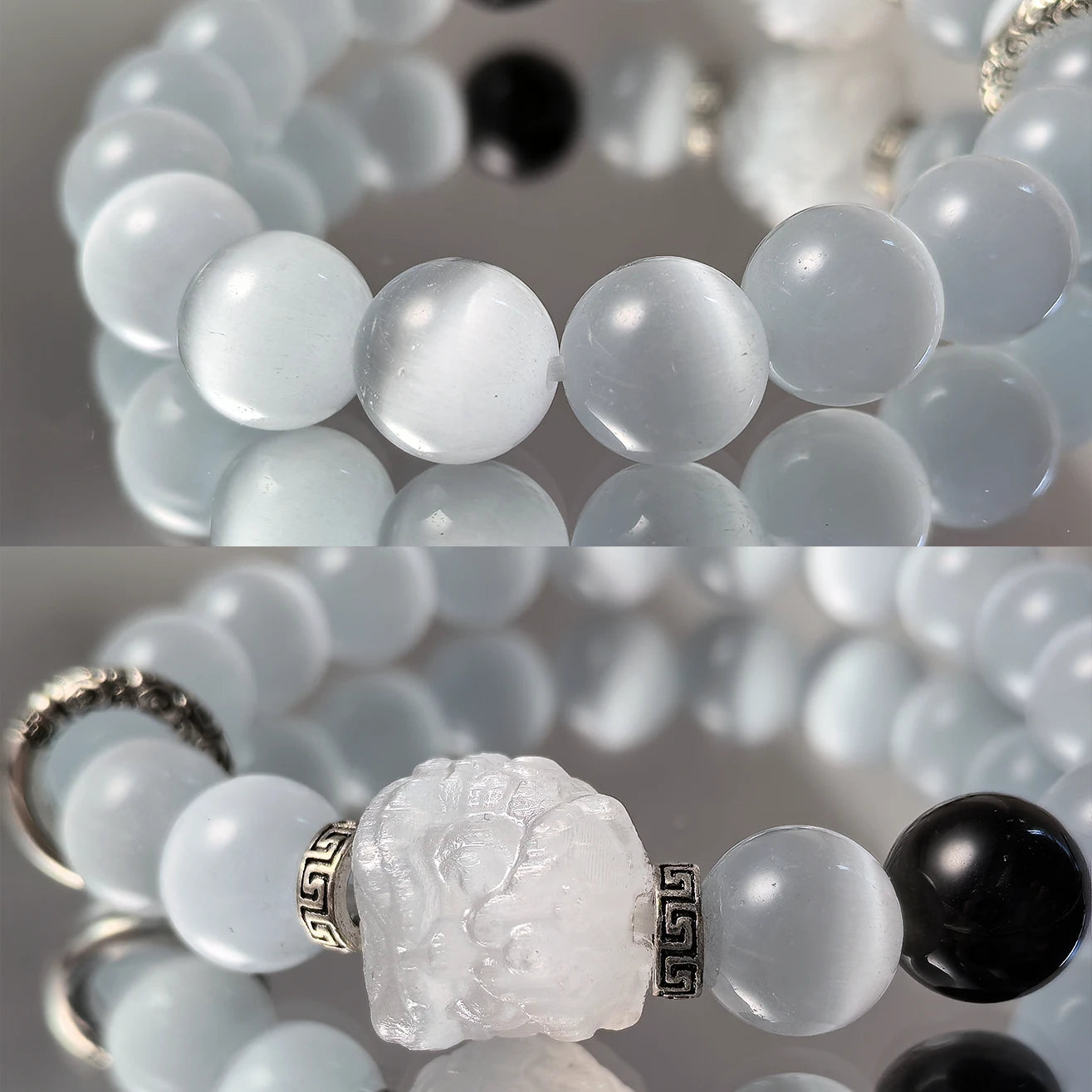 Couple Guardian Bracelet – Obsidian & Cat’s Eye with Lion Beads