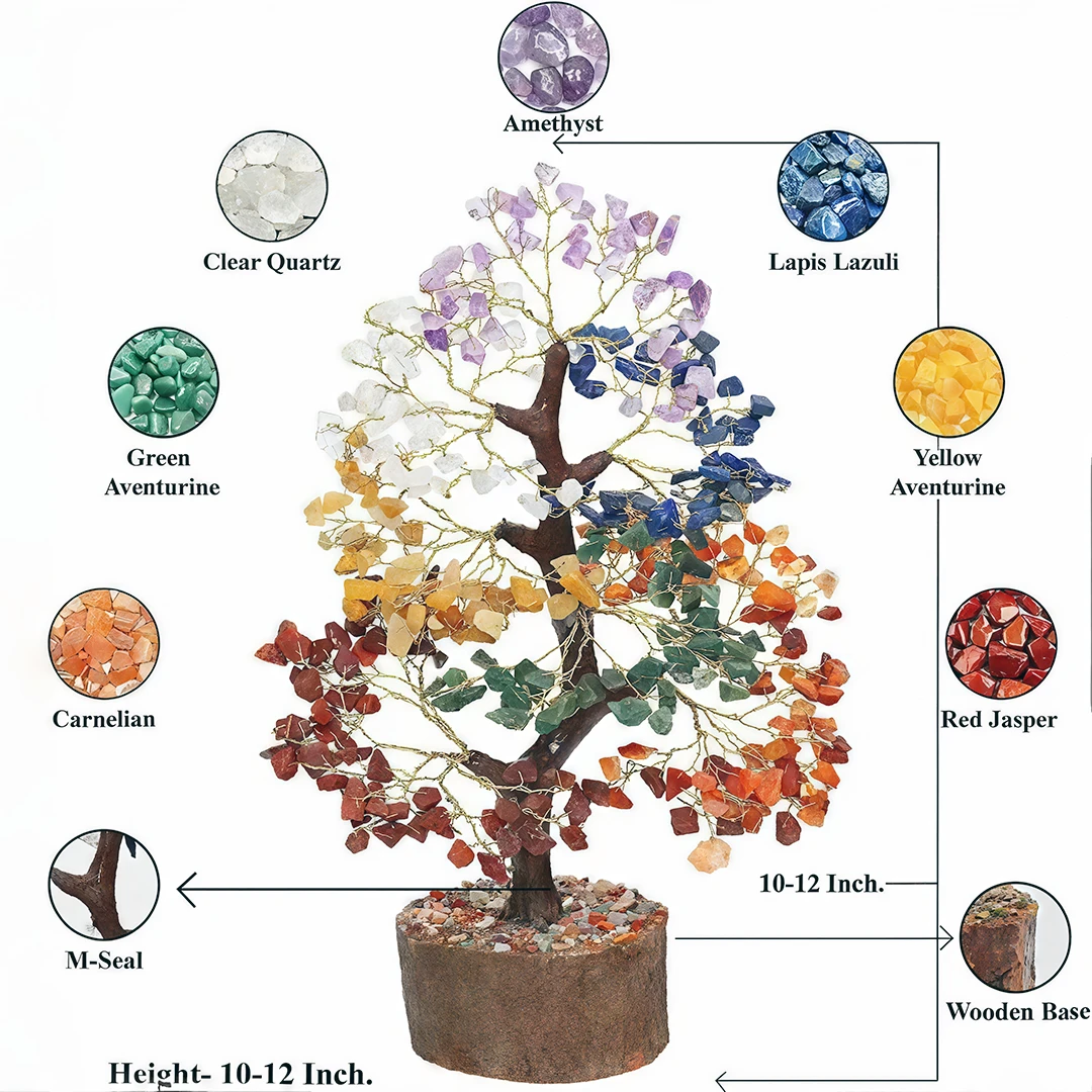 Seven Chakra Crystal Tree with Wooden Base for Energy & Home Décor