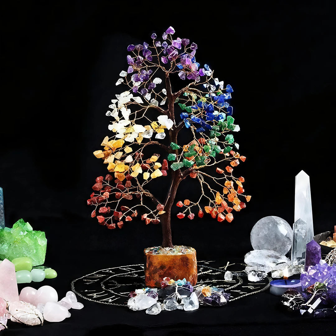 Seven Chakra Crystal Tree with Wooden Base for Energy & Home Décor