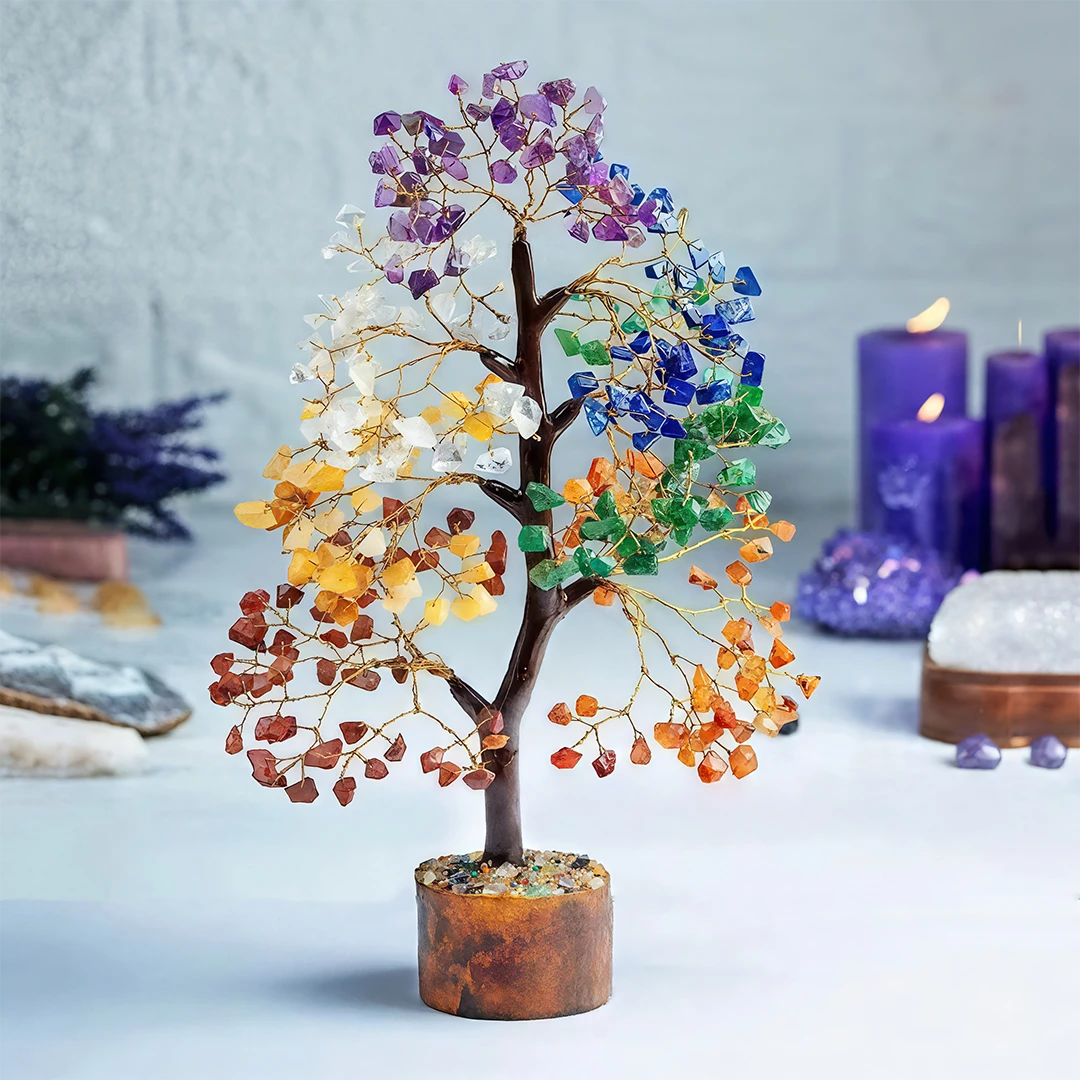 Seven Chakra Crystal Tree with Wooden Base for Energy & Home Décor