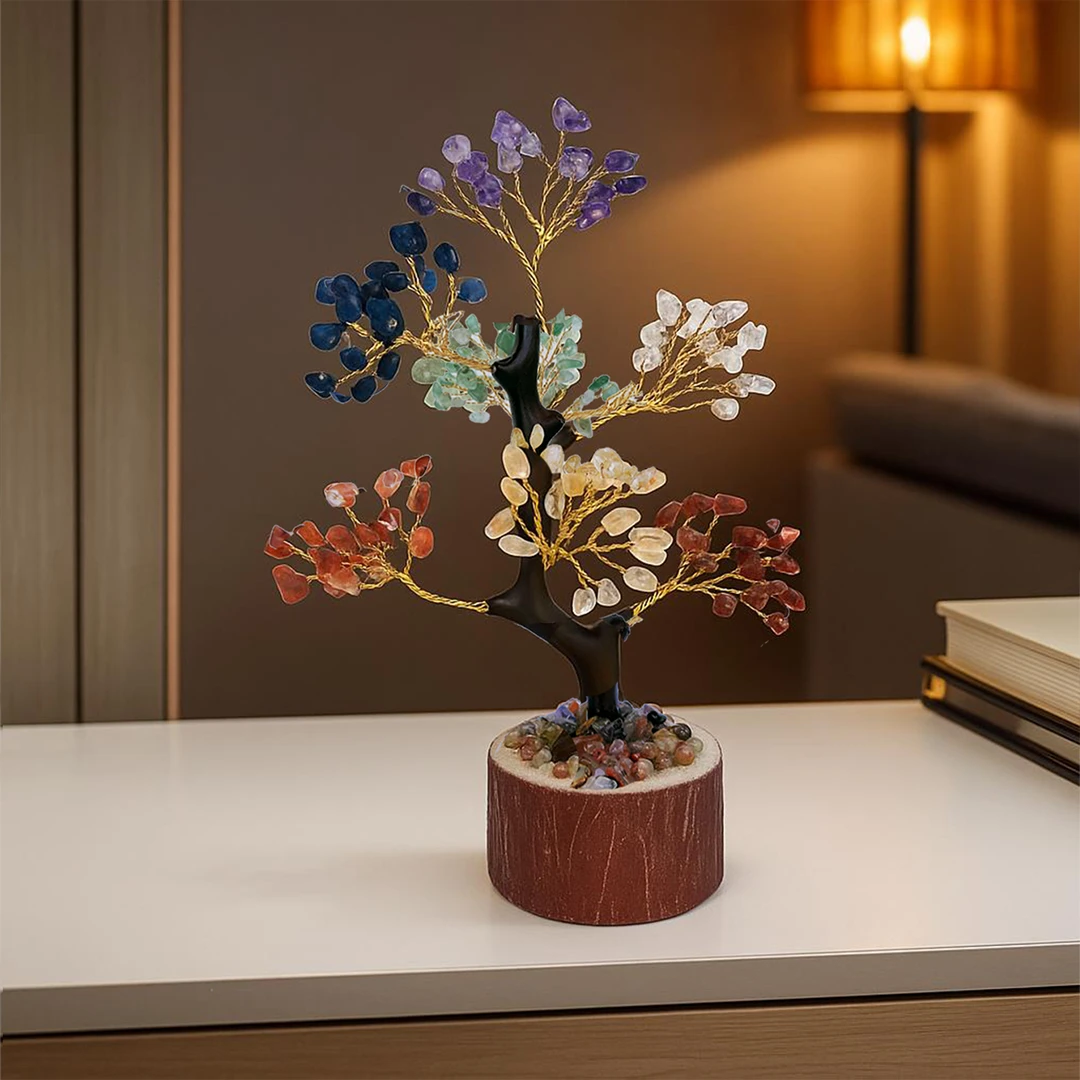 Seven Chakra Crystal Tree with Wooden Base for Energy & Home Décor
