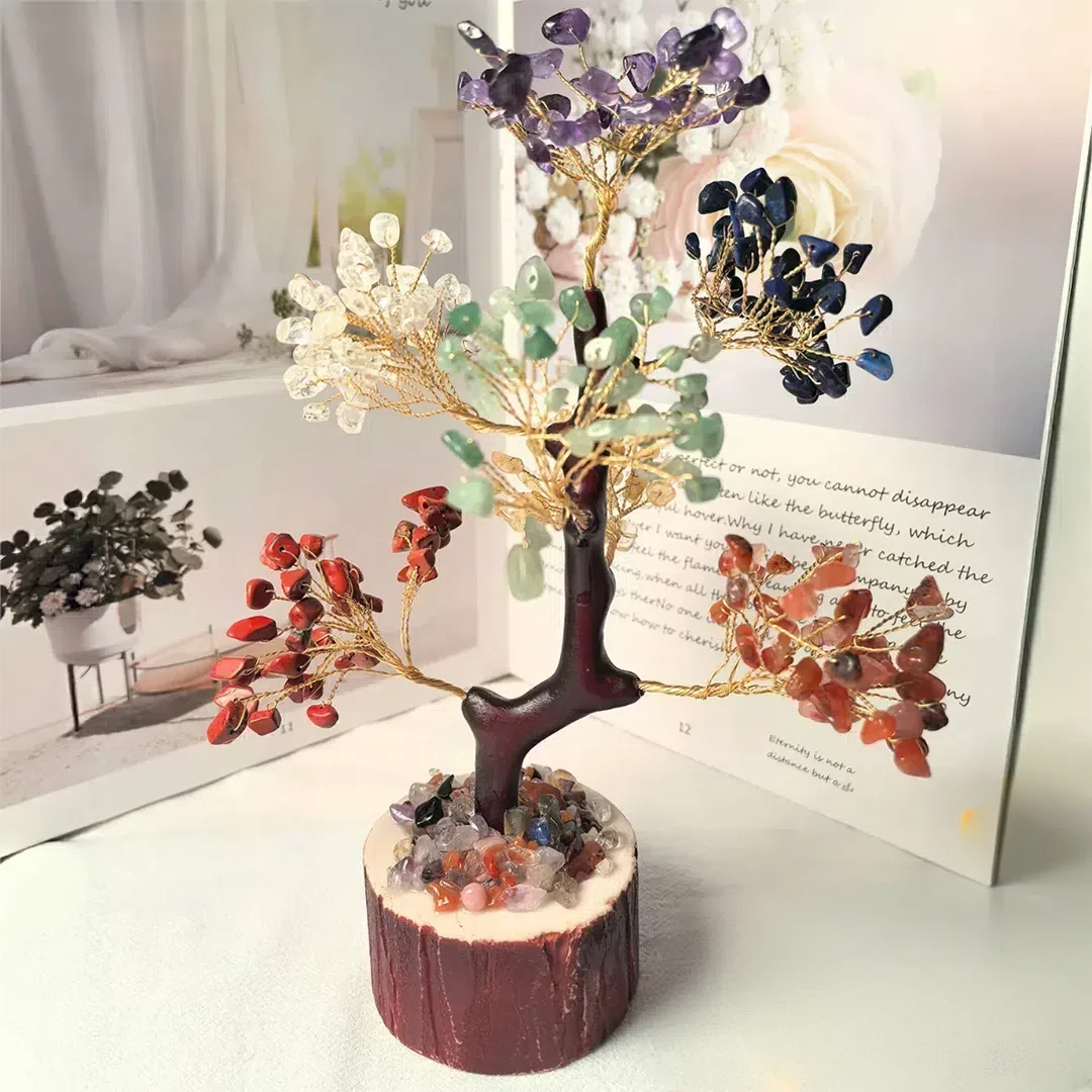Seven Chakra Crystal Tree with Wooden Base for Energy & Home Décor