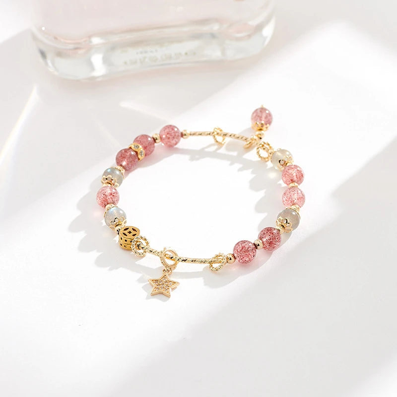 Starlit Promise – Strawberry Quartz & Gray Moonstone Bracelet