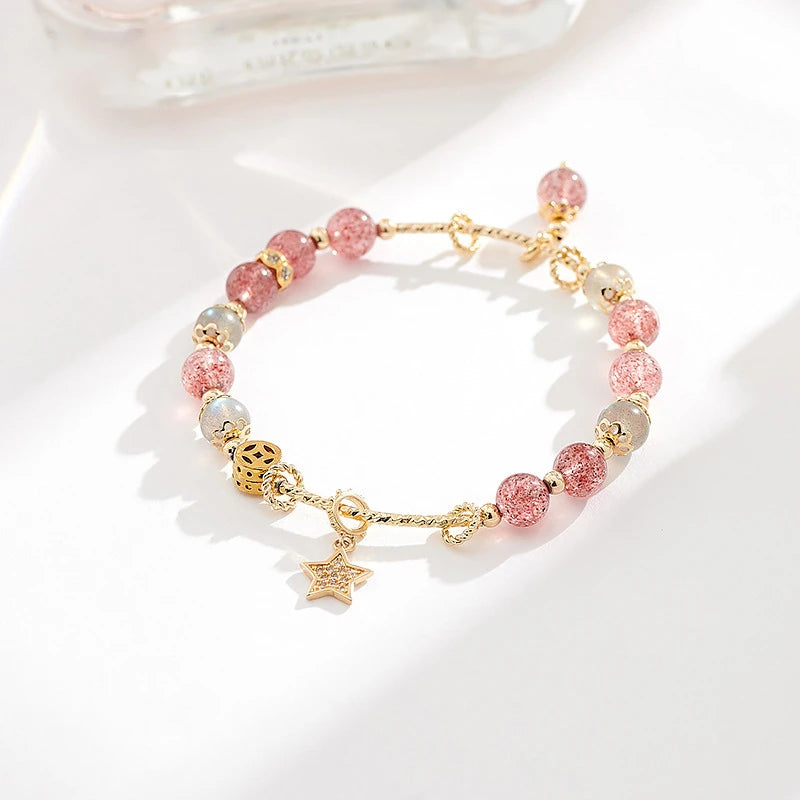 Starlit Promise – Strawberry Quartz & Gray Moonstone Bracelet
