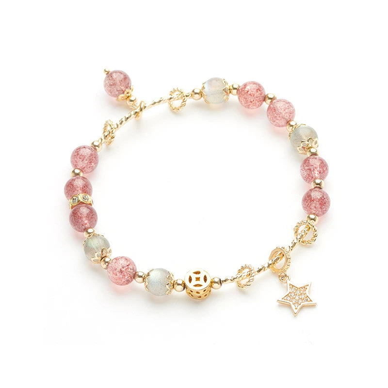 Starlit Promise – Strawberry Quartz & Gray Moonstone Bracelet