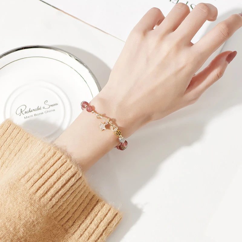 Starlit Promise – Strawberry Quartz & Gray Moonstone Bracelet