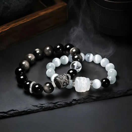 Couple Guardian Bracelet – Obsidian & Cat’s Eye with Lion Beads